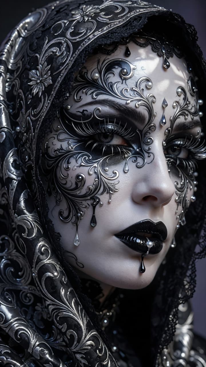 AI generated: A hyper-detailed cinematic close-up portrait of a striking woman with porcelain-white skin, wearing ...