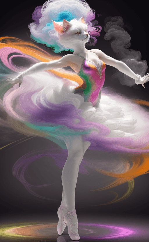 AI generated: drawing of furry white cat , surrounded by a swirl of vivid, multicolored smoke-like fabric. Her dre...