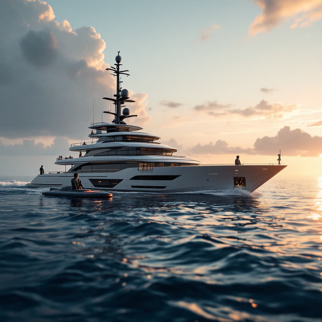 AI generated: Photo of a ultra realistic 150 foot multi level new yacht, with 2 person sub in the water next to ya...