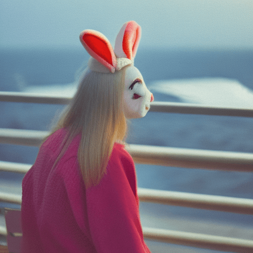 AI generated: Female, overlooking the ocean, daylight, indirect lighting, bunny ears