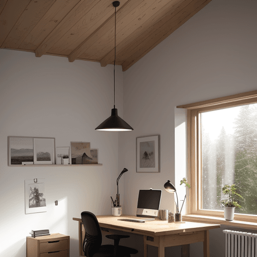 AI generated: A cozy Scandinavian home office, natural oak desk, ambient lighting from a floor-to-ceiling window, ...