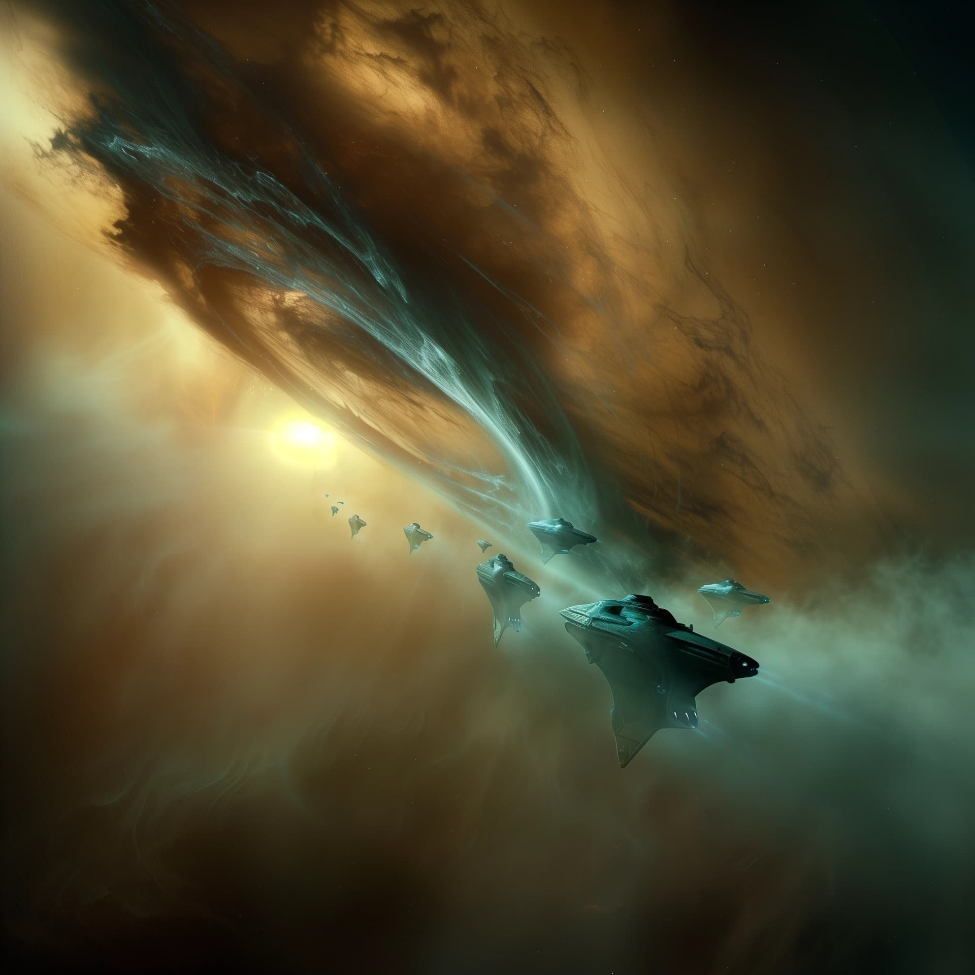 AI generated: Intergalactic spaceships travelling through a nebula, 32K, high definition, Edge processing --person...