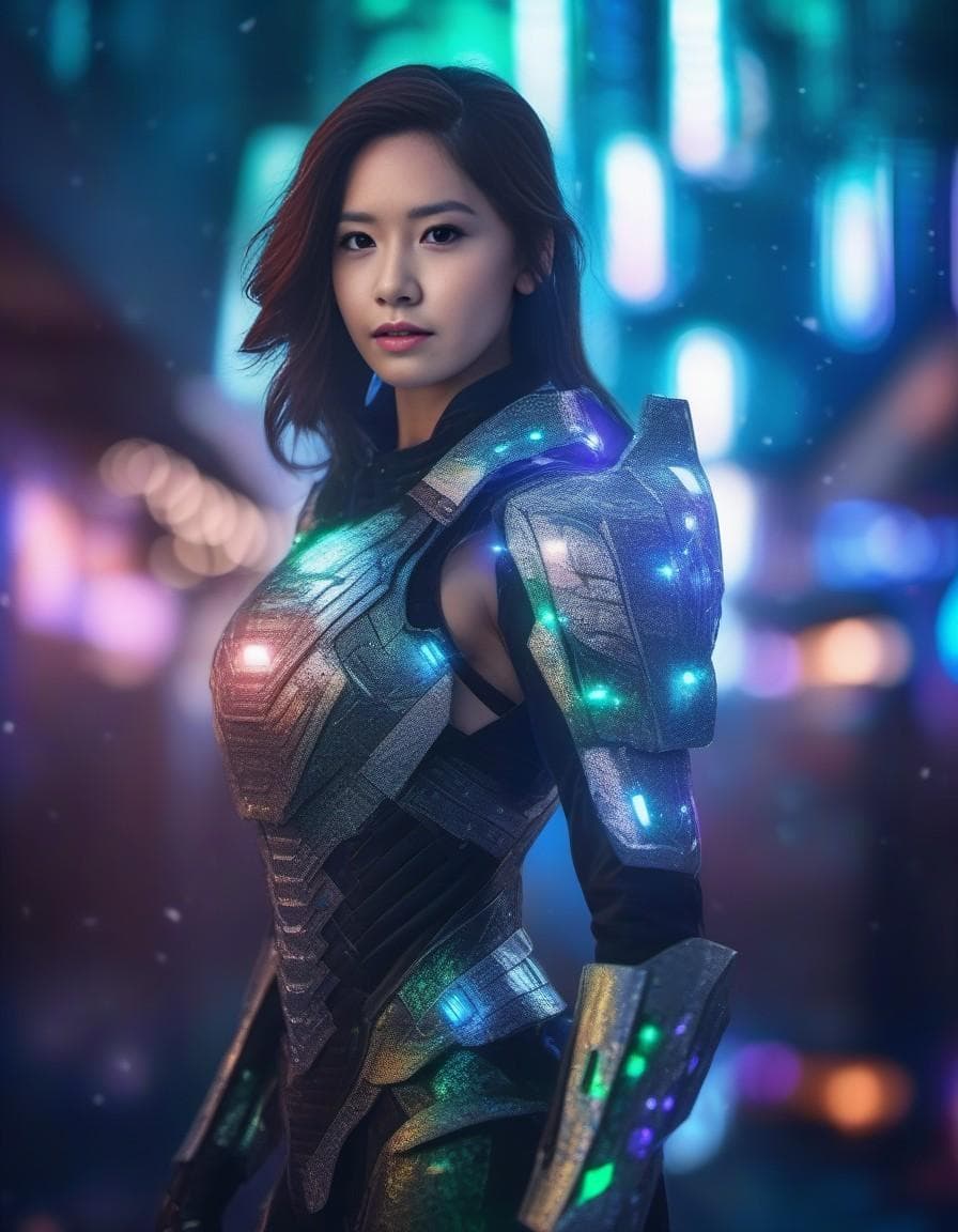 AI generated: wide full-body shot photo of sexy female cyborg wearing a futuristic intricate carbon fiber led lit ...