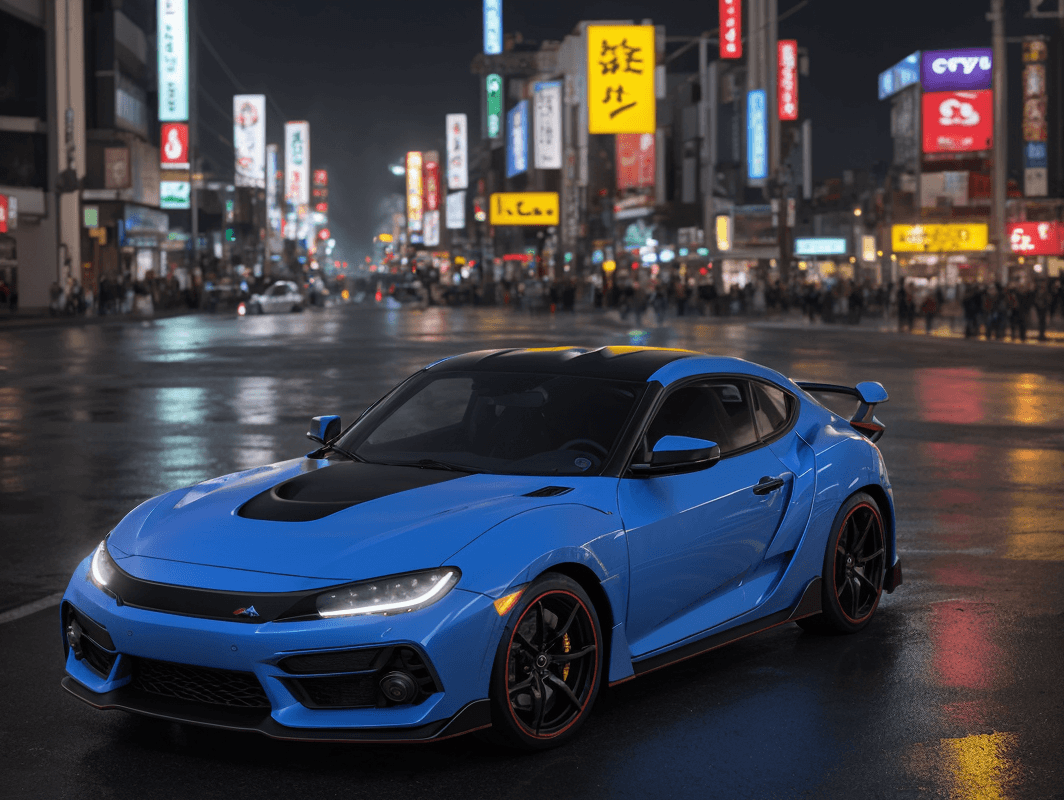 AI generated: (wideboddied:1.2) [honda civic type r : toyota supra : (McLaren P1:0.9)] hatchback, neon street, cit...