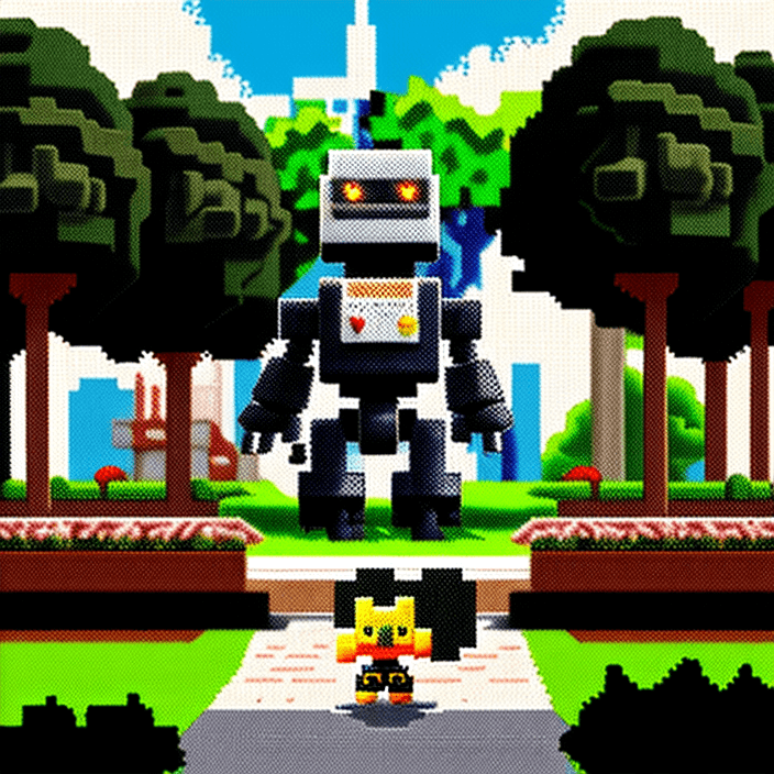 AI generated: 16 bit pixel art, epic composition of cute little robot walking leisurely through a futuristic park,...