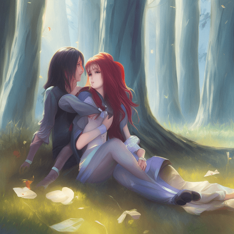 AI generated: a short stature boy and a girl sitting together and hugging in a forest. girl has long flowing red h...