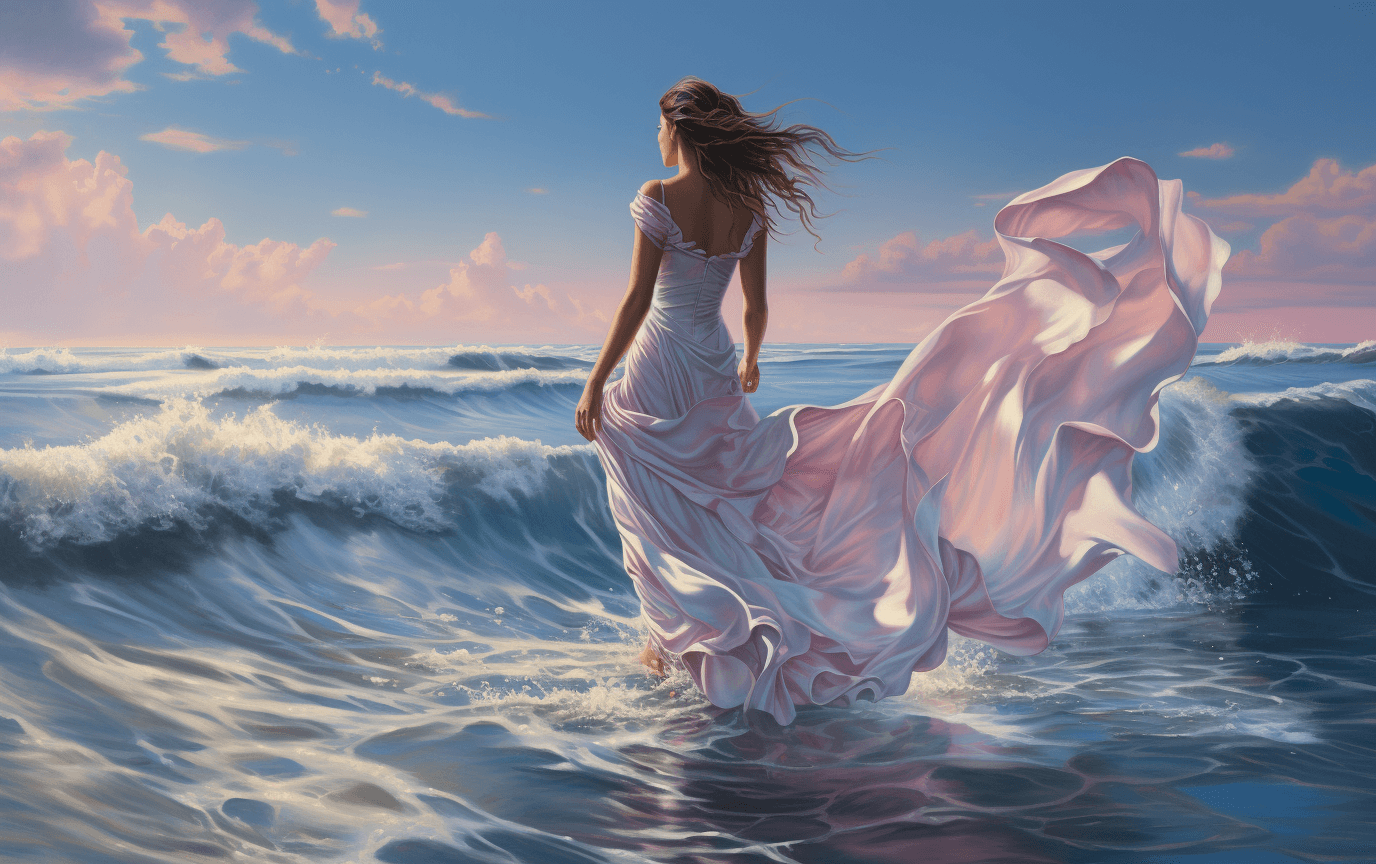 AI generated: A woman is walking through the ocean in a white dress, in the style of david michael bowers, mytholo...