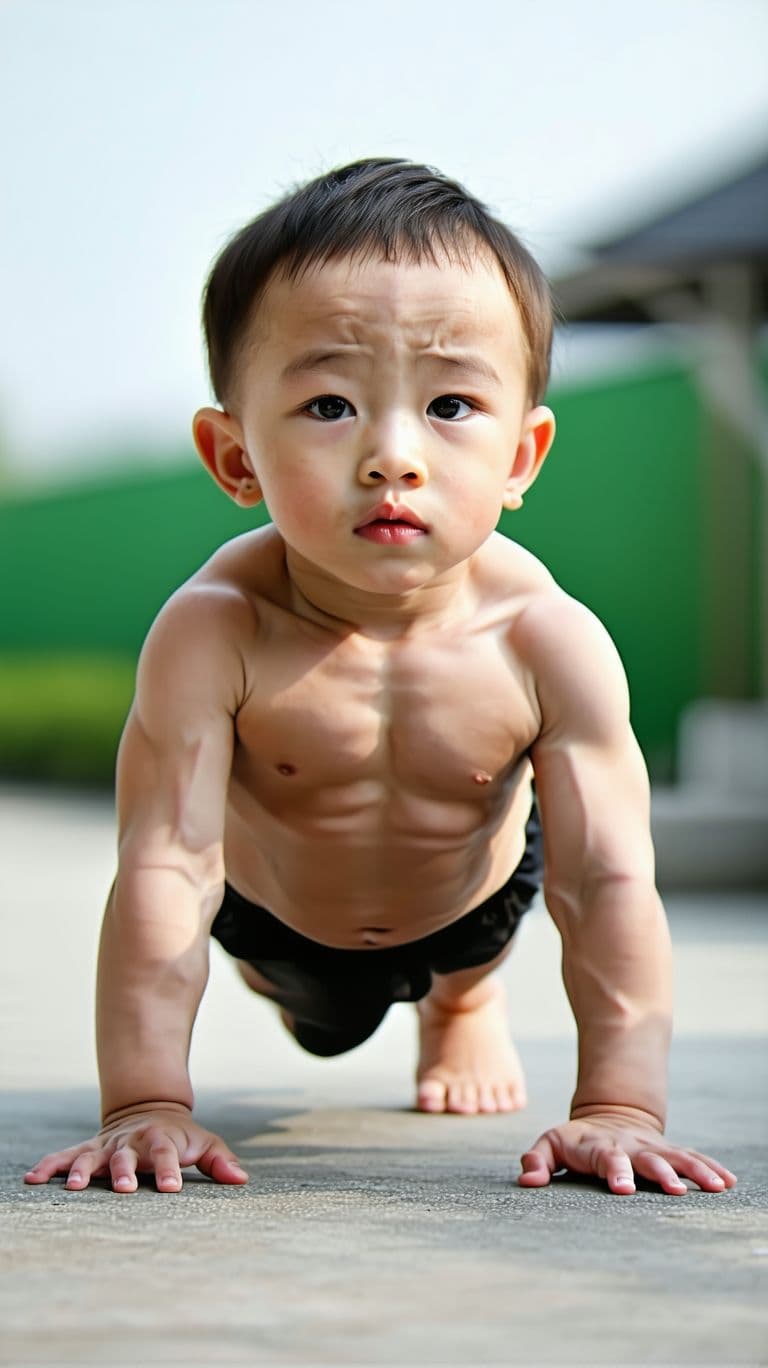 AI generated: A baby 2 years old from Korea With a muscular physique  bodybuilder doing push-up exercise while loo...