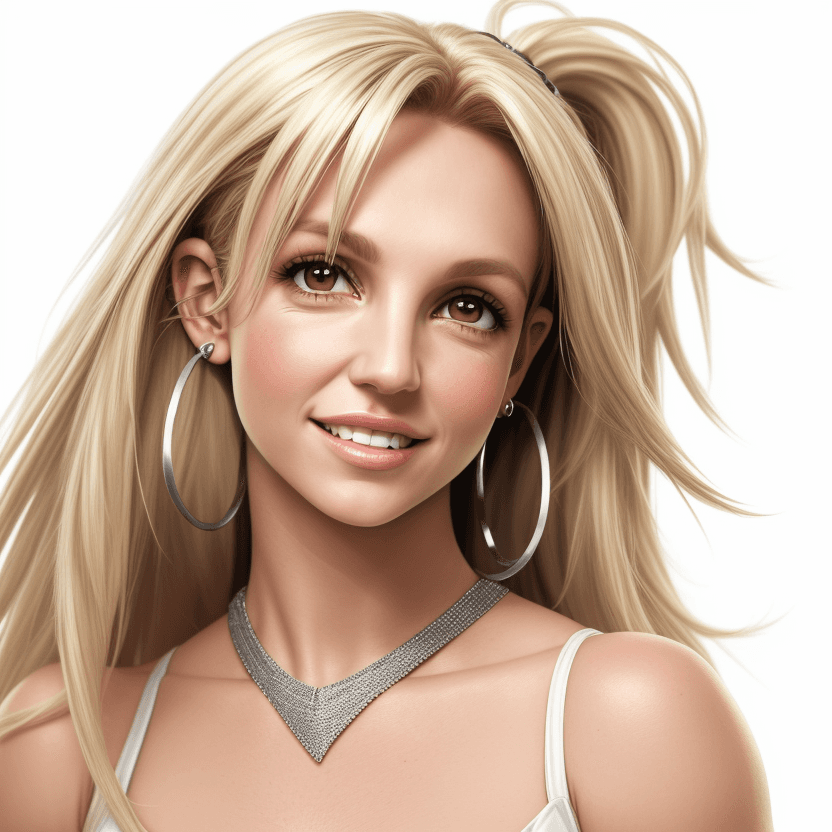 AI generated: Britney Spears, realistic, 4k, headshot, body toward camera, looking at camera, smiling, white backg...