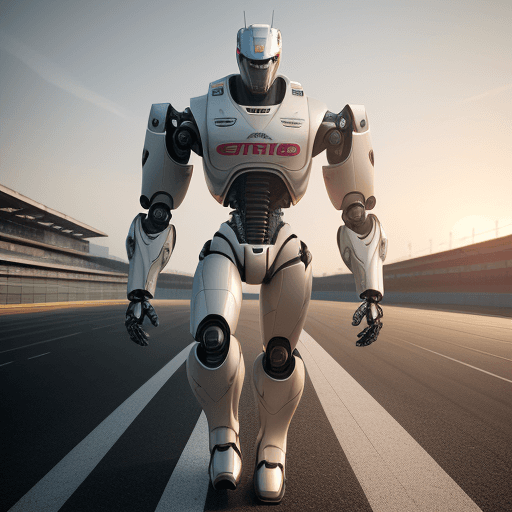 AI generated: Photo of a ultra realistic Robot walking in F1 track, dramatic light, pale sunrise, cinematic lighti...