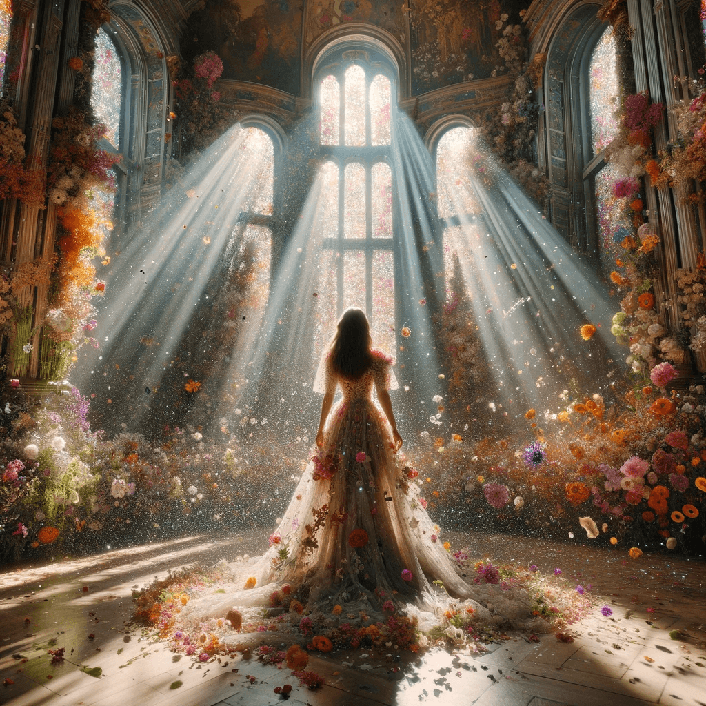 AI generated: Inside a grandiose, sun-filled ballroom where nature has taken over, a woman stands surrounded by an...