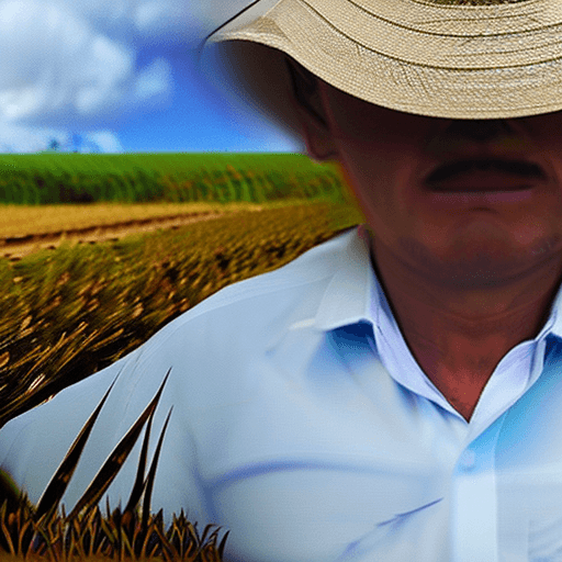 AI generated: Wheat field, a farmer uncle with a straw hat standing in a wheat field, big clouds, blue sky, rice f...