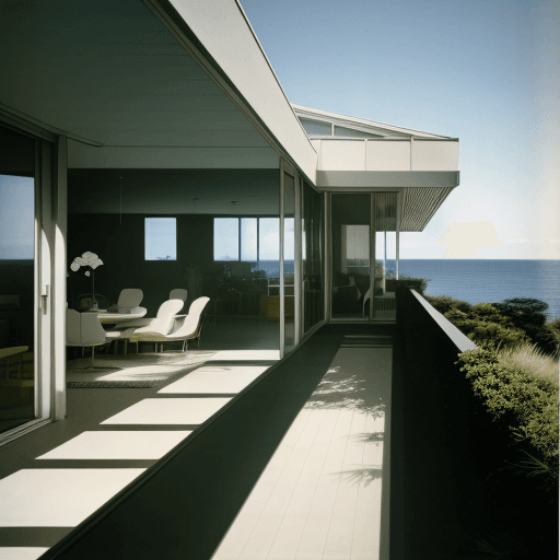 AI generated: Hyper realistic eye level exterior photo of a mid century modern style house overlooking the ocean, ...