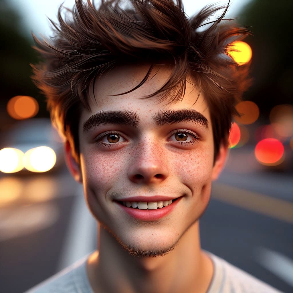 AI generated: hyper realistic waist up portrait of a teen boy with messy dark blond hair and light brown eyes, smi...