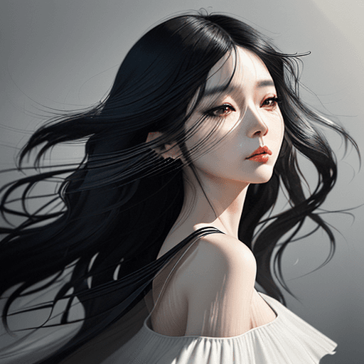 AI generated: a woman with flowing, black hair is posing, in the style of dain yoon, soft edges and blurred detail...