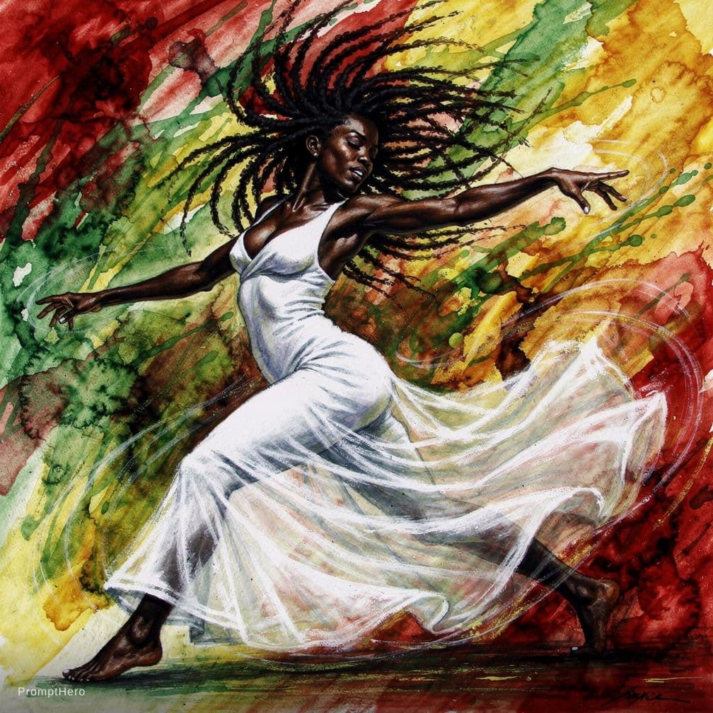 AI generated: ebony woman, wild floating rastas, in a energetic,  hypnotic, trance dance pose, long white dress, (...