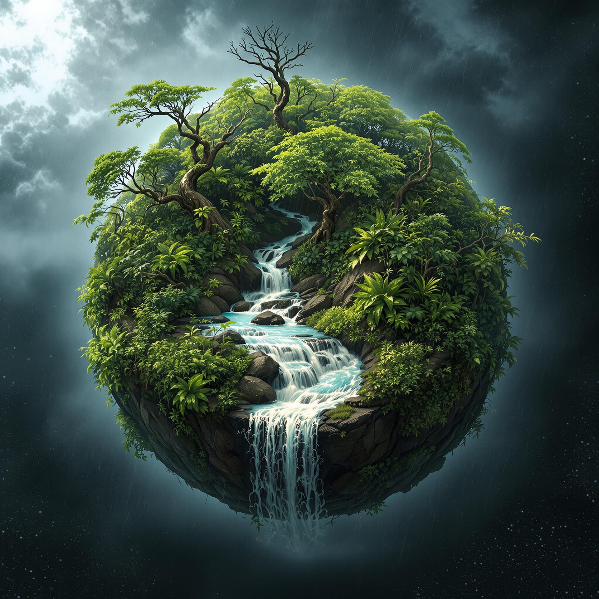 AI generated: A floating microplanet reveals a dense jungle, its surface overgrown with thick vines and towering t...