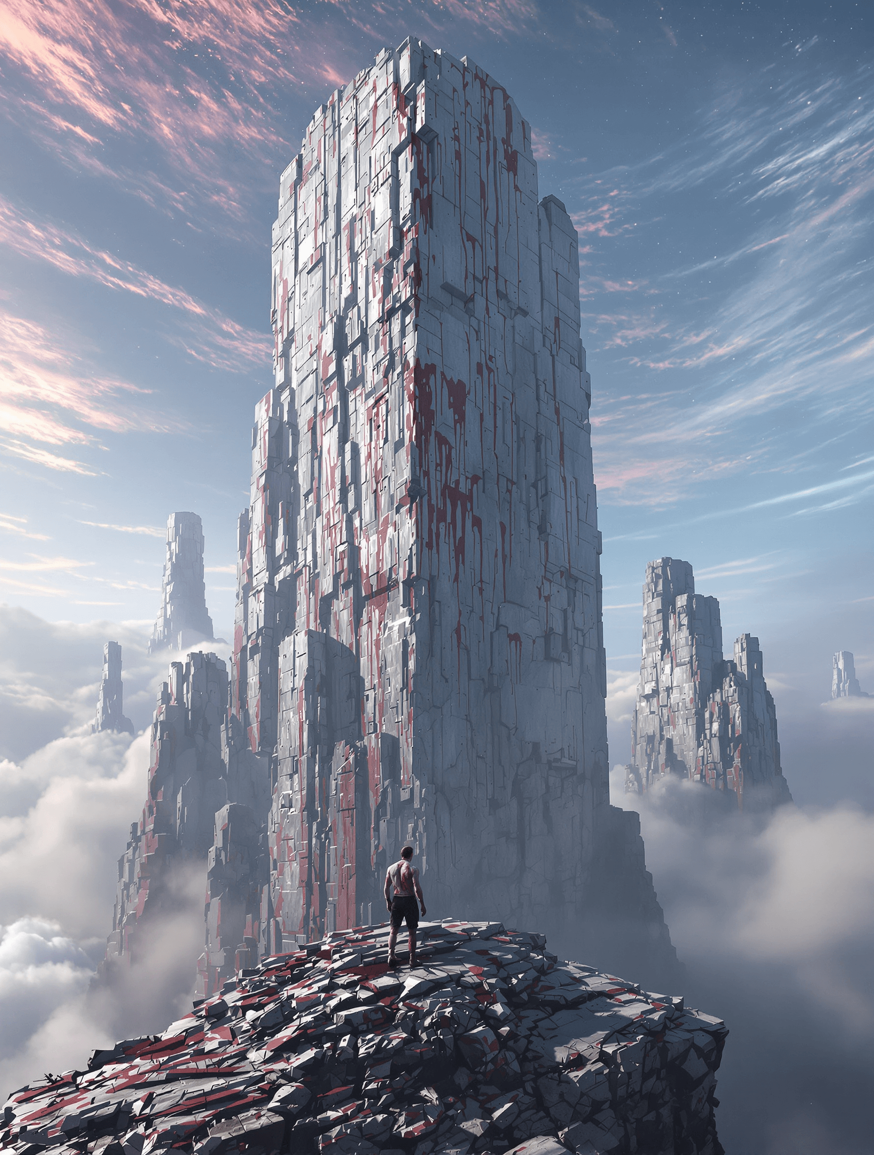 AI generated: A futuristic man standing on the edge of an enormous monolithic cliff at the edge of a strange sky. ...