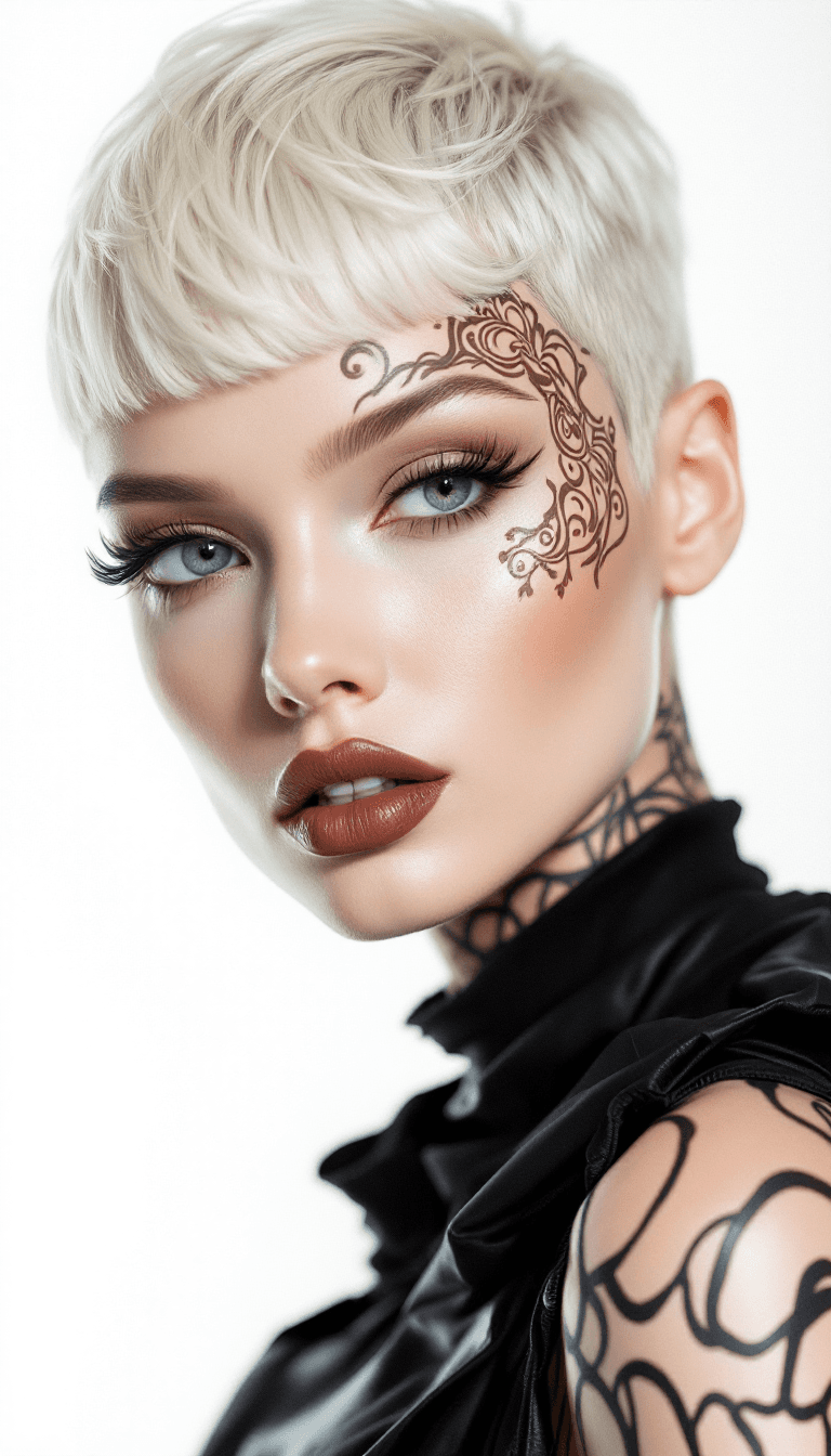 AI generated: a beautiful albino model with an avant-garde haircut, she is looking into the camera, henna pattern ...