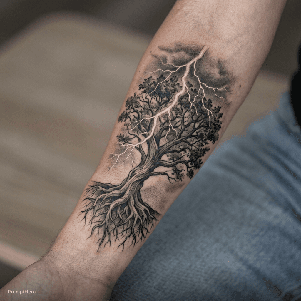 AI generated: 3inch wide by 20 inch tall , lightning strike on a tree with the roots showing at the bottom 