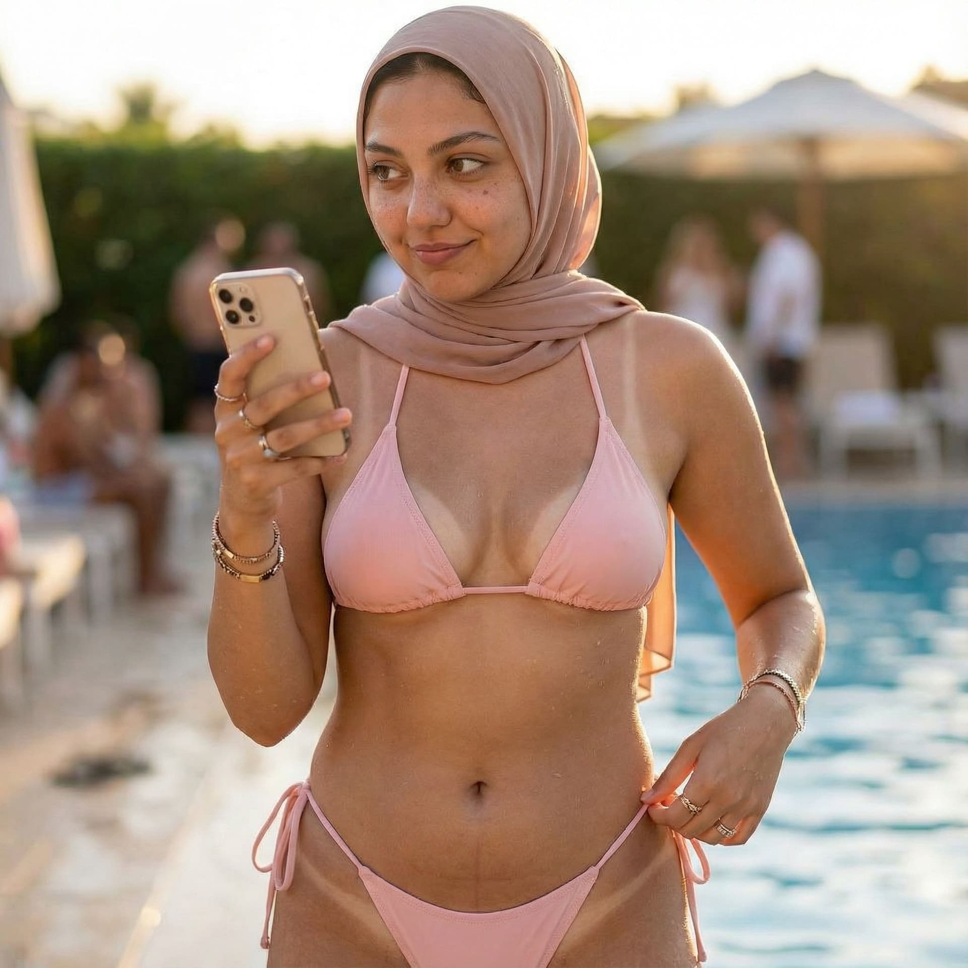 AI generated: Sexy hijab wearing women light brown eyes wearing a very sexy and revealing bikini in light color pi...