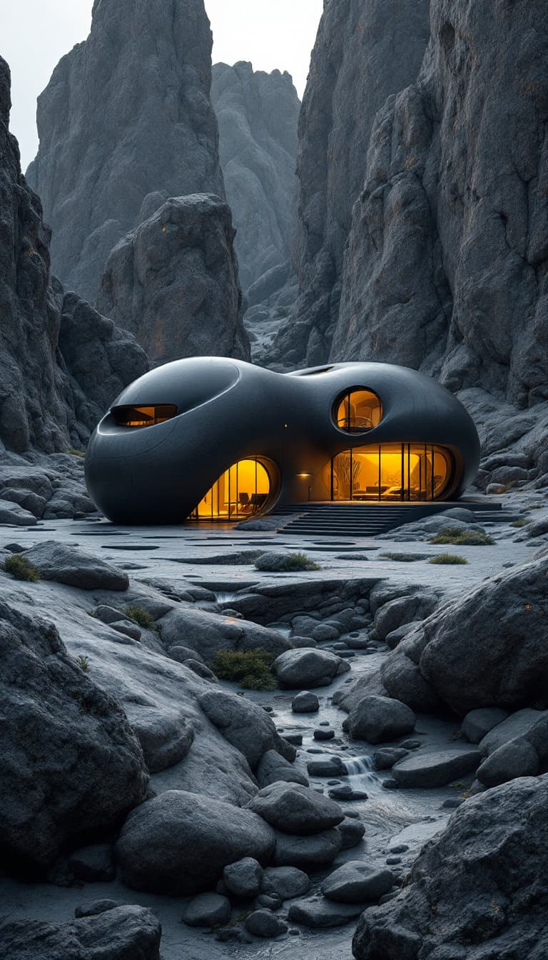 AI generated: the futuristic house in a rocky area with car, rock and house, in the style of dark gray and dark bl...