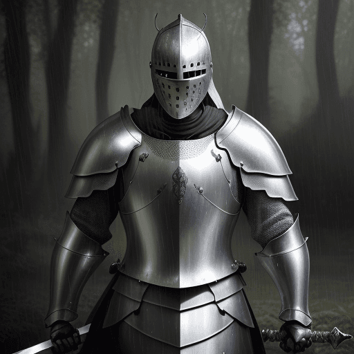 AI generated: Generate a hyper-realistic portrait of a knight standing in a dense forest near a medieval village. ...