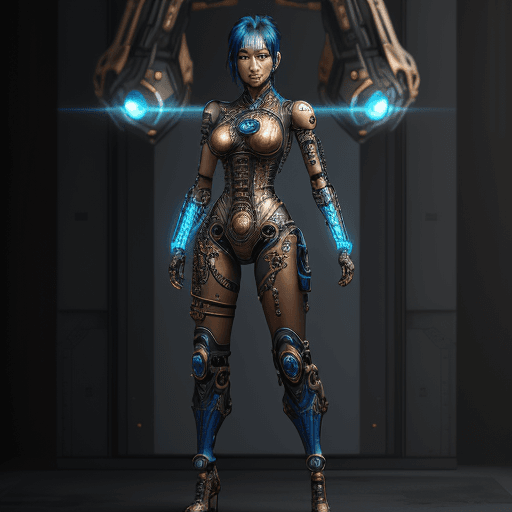 AI generated: Full-body asian cyborg portrait with detailed, symmetric face. Steampunk and cyberpunk influences, b...