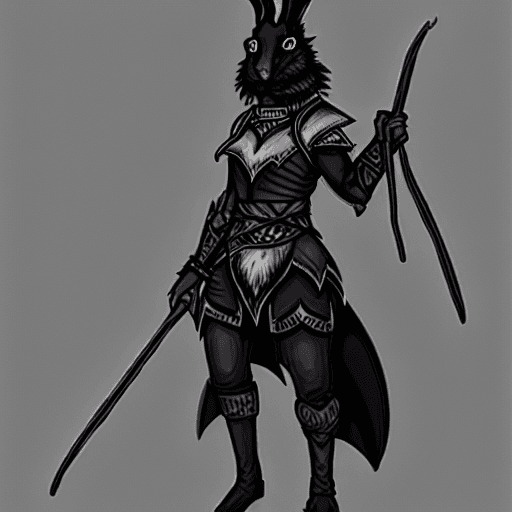 AI generated: female d&d harengon, female dnd rabbitfolk, :: black fur with silver tipped ears, female ranger wear...