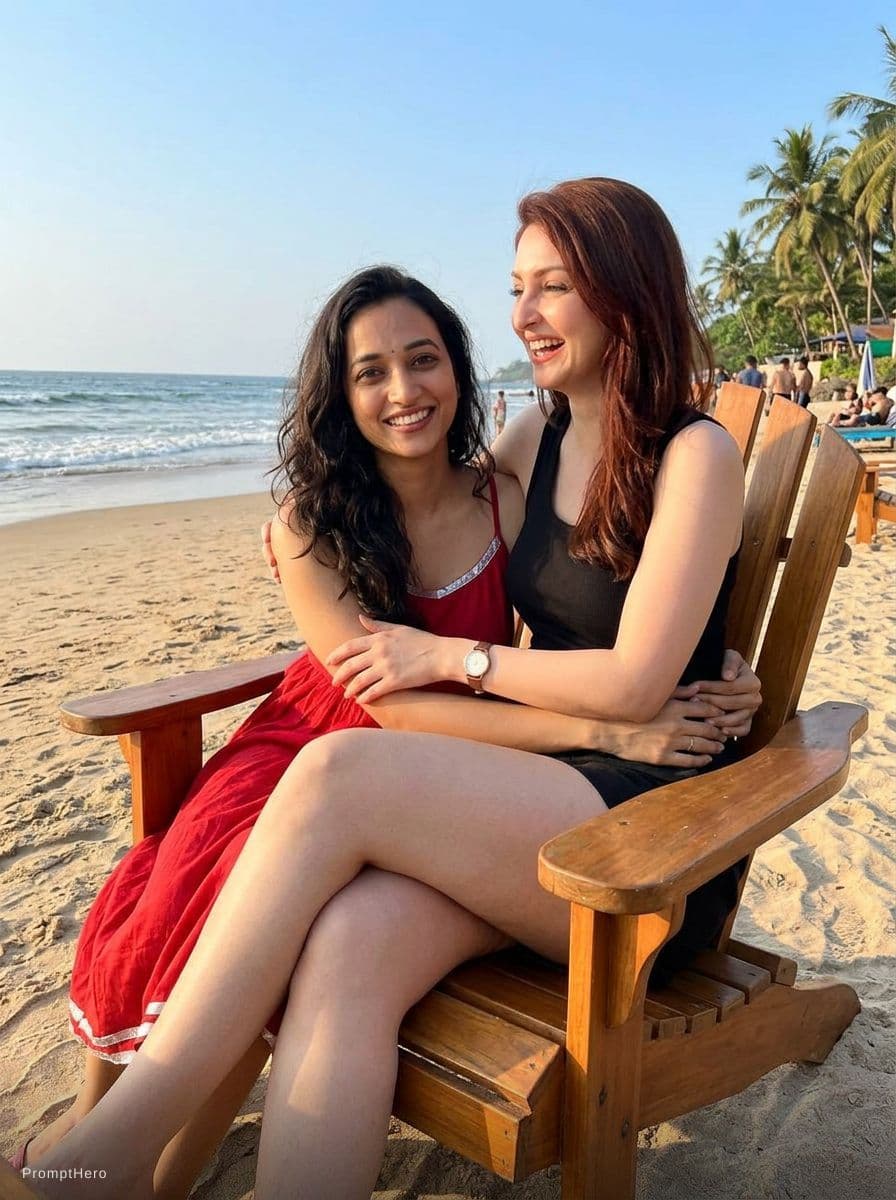 AI generated: Make them at a beach sitting in a single chair with the girl sitting on the other girls lap