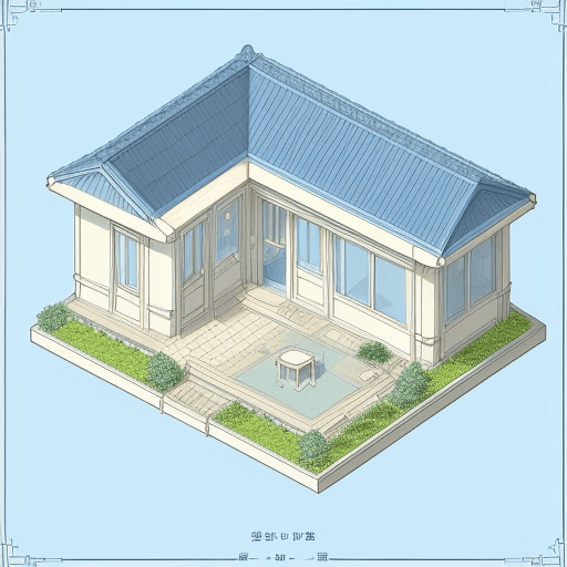 AI generated: isometric, bungalow house with large windows, white background, blueprint, highly detailed clean lin...