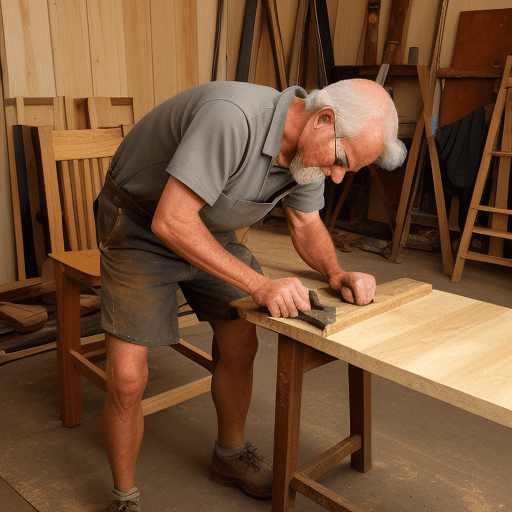 AI generated: an old carpenter polishing a wooden chair