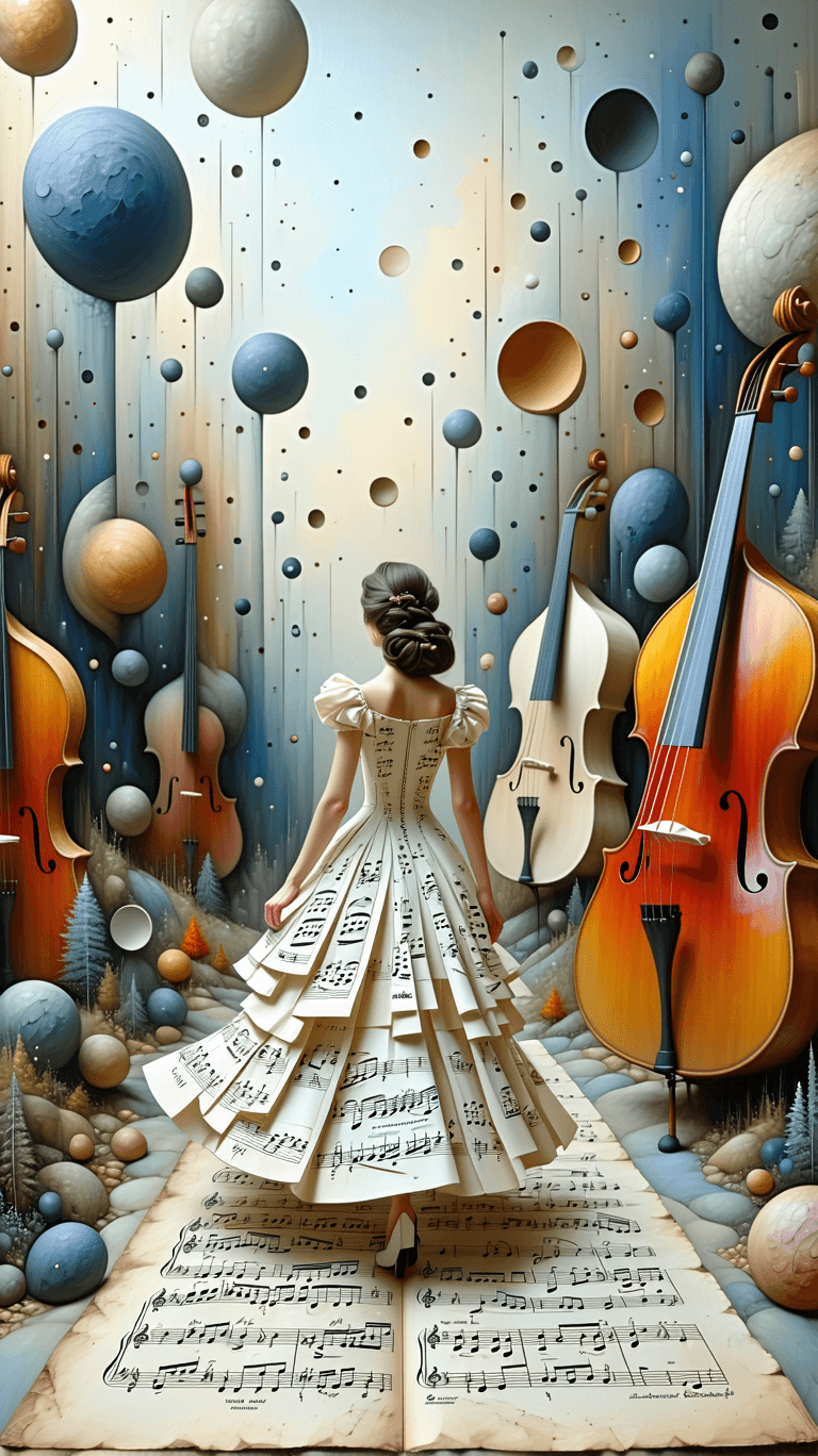 AI generated: 26. A whimsical, full-body scene of a woman walking through a landscape made of giant, floating musi...