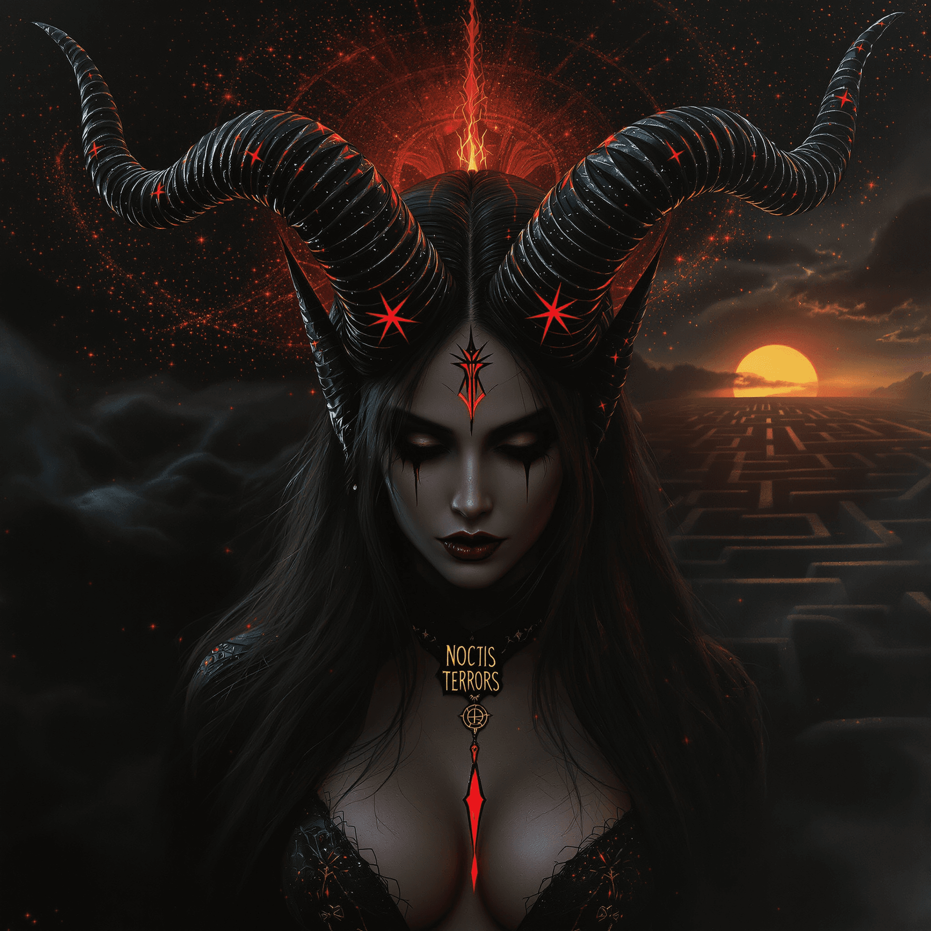 AI generated: A record-album cover, fantasy art, full body pose: A powerful yet vulnerable female demon, reminisce...
