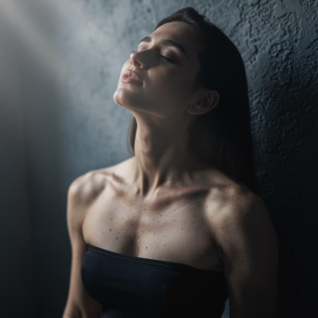 AI generated: cinematic image with dark shadows and high contrast, A high-angle extreme close-up portrait of a fit...
