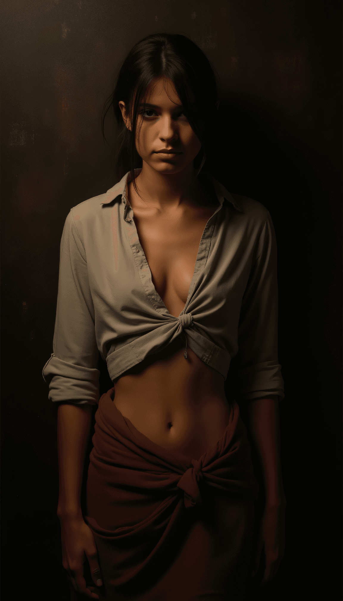AI generated: Tenebrism-inspired portrait of a muscular female figure emerging from darkness, wearing a torn linen...