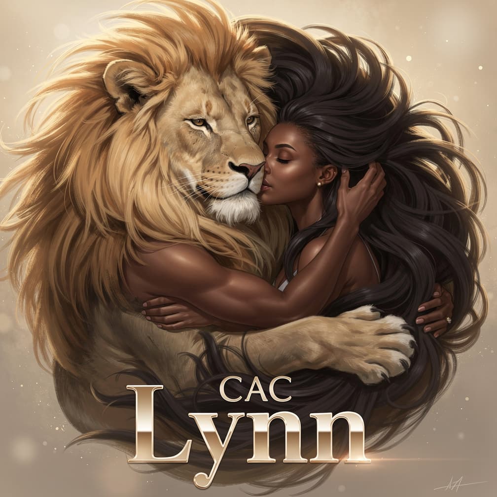 AI generated: A top-down close-up view of a black woman and a lion in a tender embrace. The male lion's majestic g...