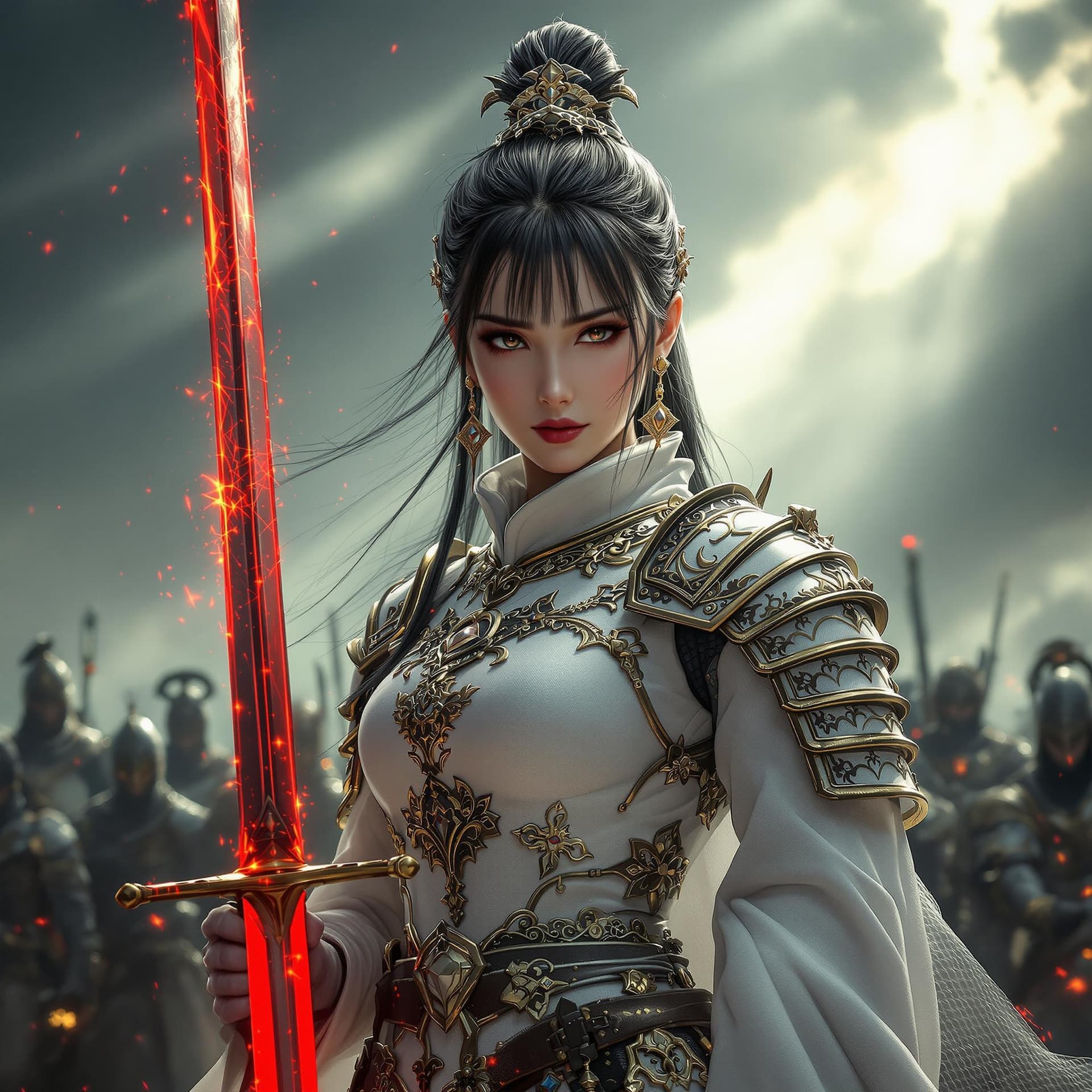 AI generated: Female oriental knight in full armor, hkstyle, white with gold embellishments, bangs, earrings, hold...