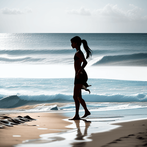 AI generated: side view photography of a person walking on the beach with half the image missing because one side ...