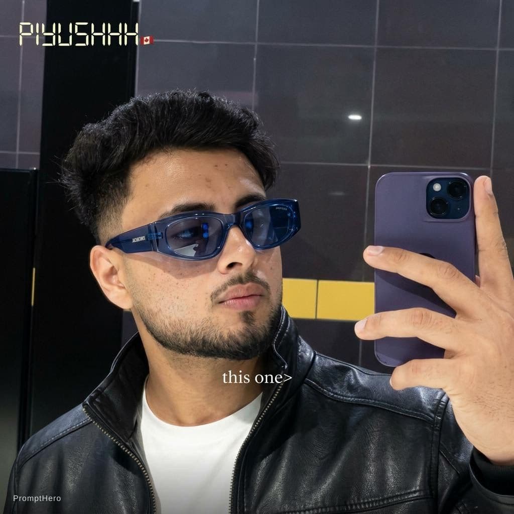 AI generated: Fashion shoot, Jacquemus and Moncler collaboration: dark blue translucent futuristic sunglasses, hyp...