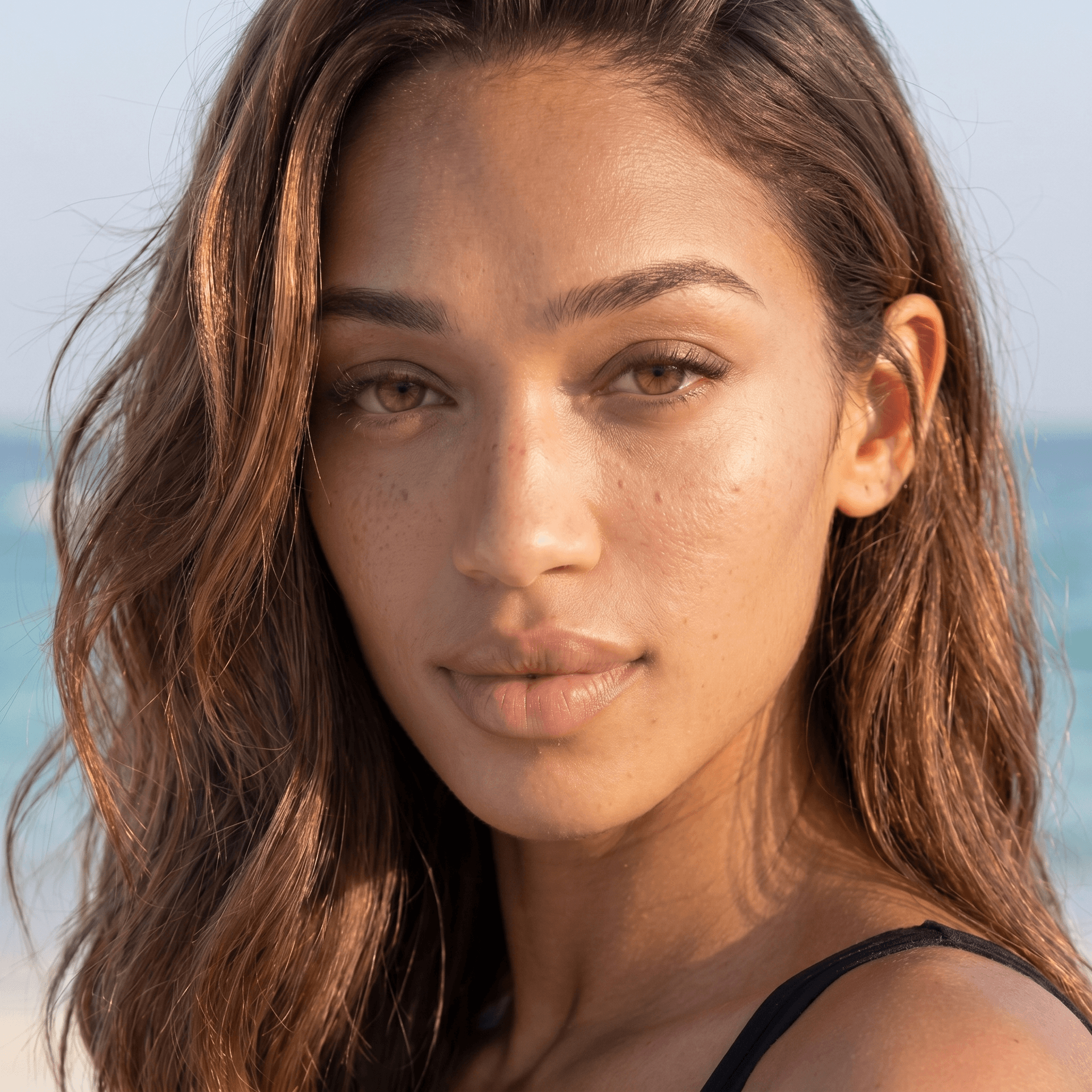 AI generated: micro-texture detail visible on forehead chin and upper lip area, natural skin redness variation aro...