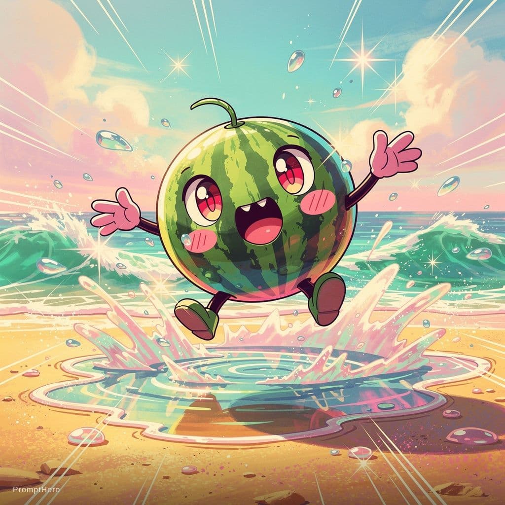 AI generated: A whimsical illustration, anime playful watermelon bouncing and splashing, beach-air, inspired by Ch...