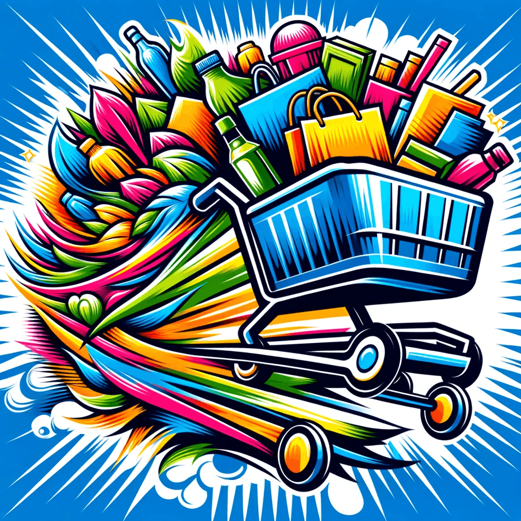 AI generated: Design a logo featuring a shopping cart in place of the train, with colorful contrasts that convey m...