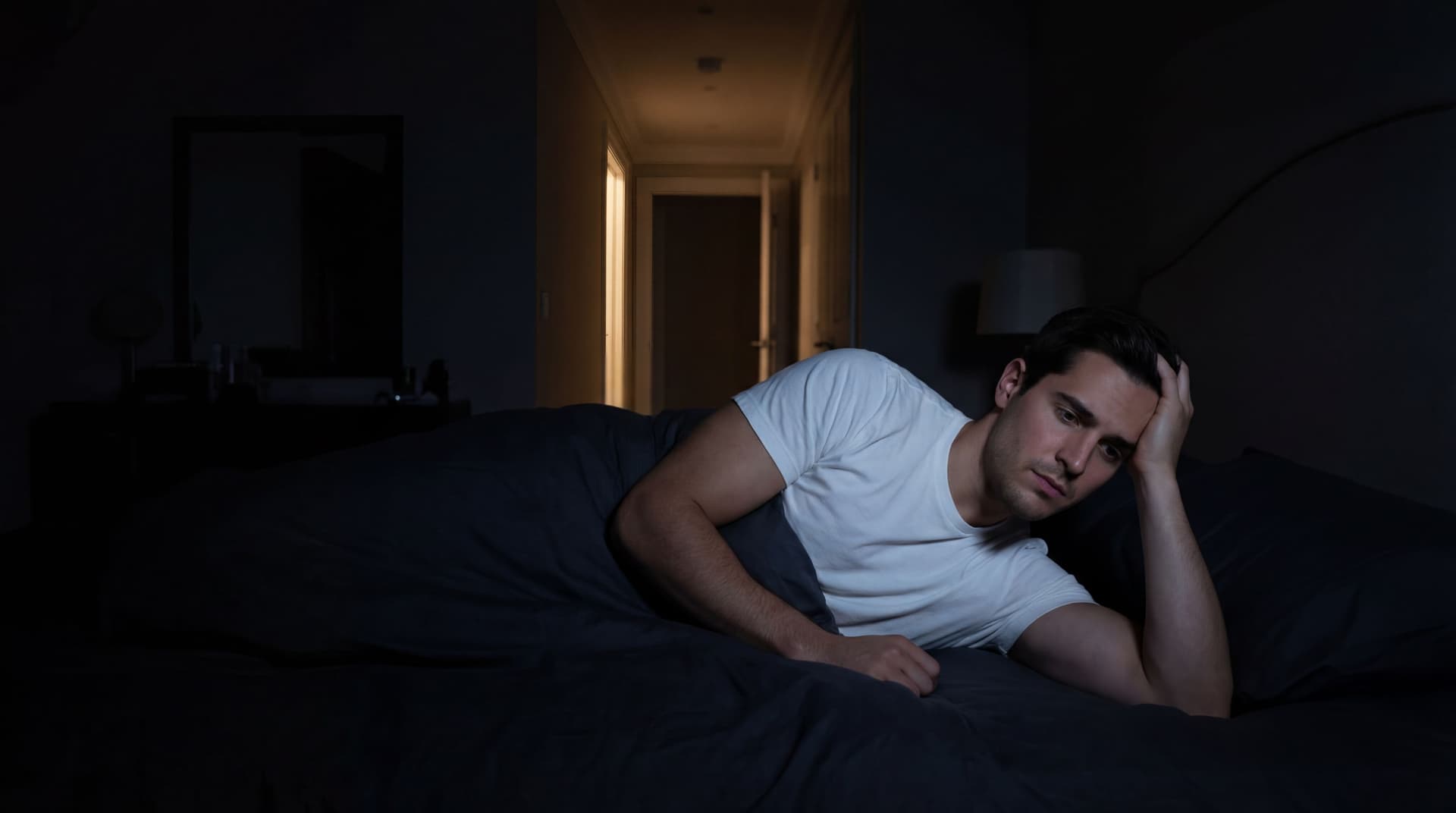AI generated: At a very nice large bedroom at night. there are no windows. The lights are off. the Hispanic guy ha...