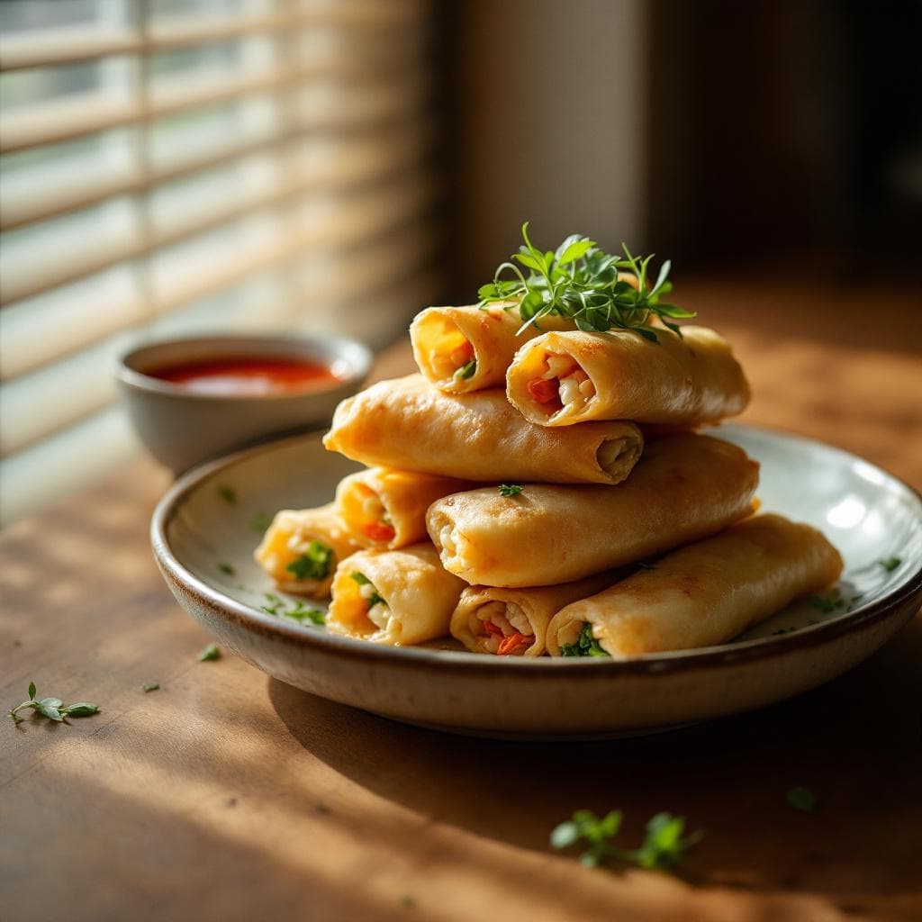AI generated: "Crisp vegetarian spring rolls stacked with casual elegance on a textured, earth-toned ceramic plate...