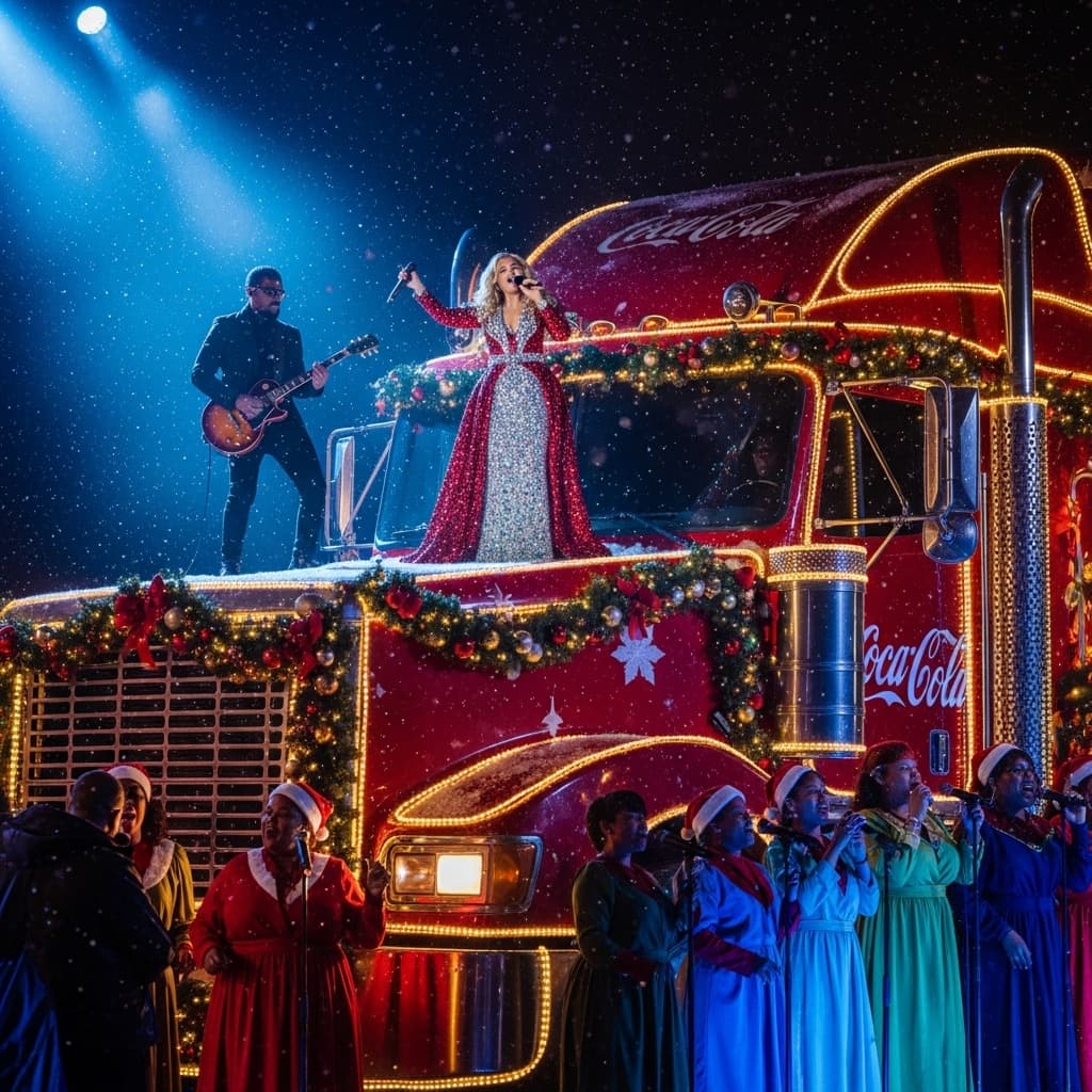 AI generated: A glamorous female superstar performing live atop a massive, dazzling Christmas Coca-Cola style truc...