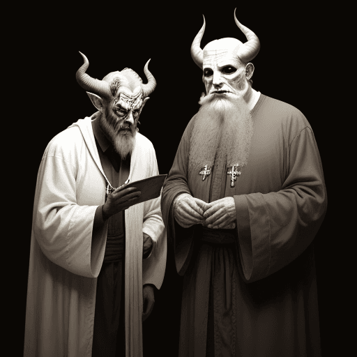 AI generated: A photo of an old man in white priest robes and long grey beard standing next to the devil with horn...