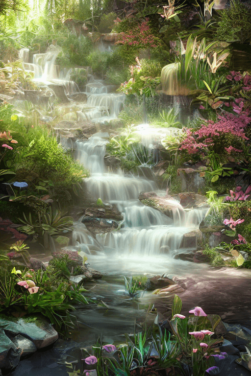 AI generated: Forest flower crystal::4 emitting glitter garden landscape with pool of clear water and „black gold ...