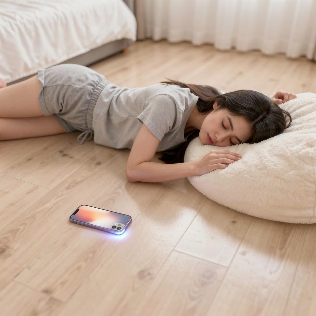 AI generated: A bright lit, cozy bedroom scene at day, featuring a young person with long dark hair lying sprawled...