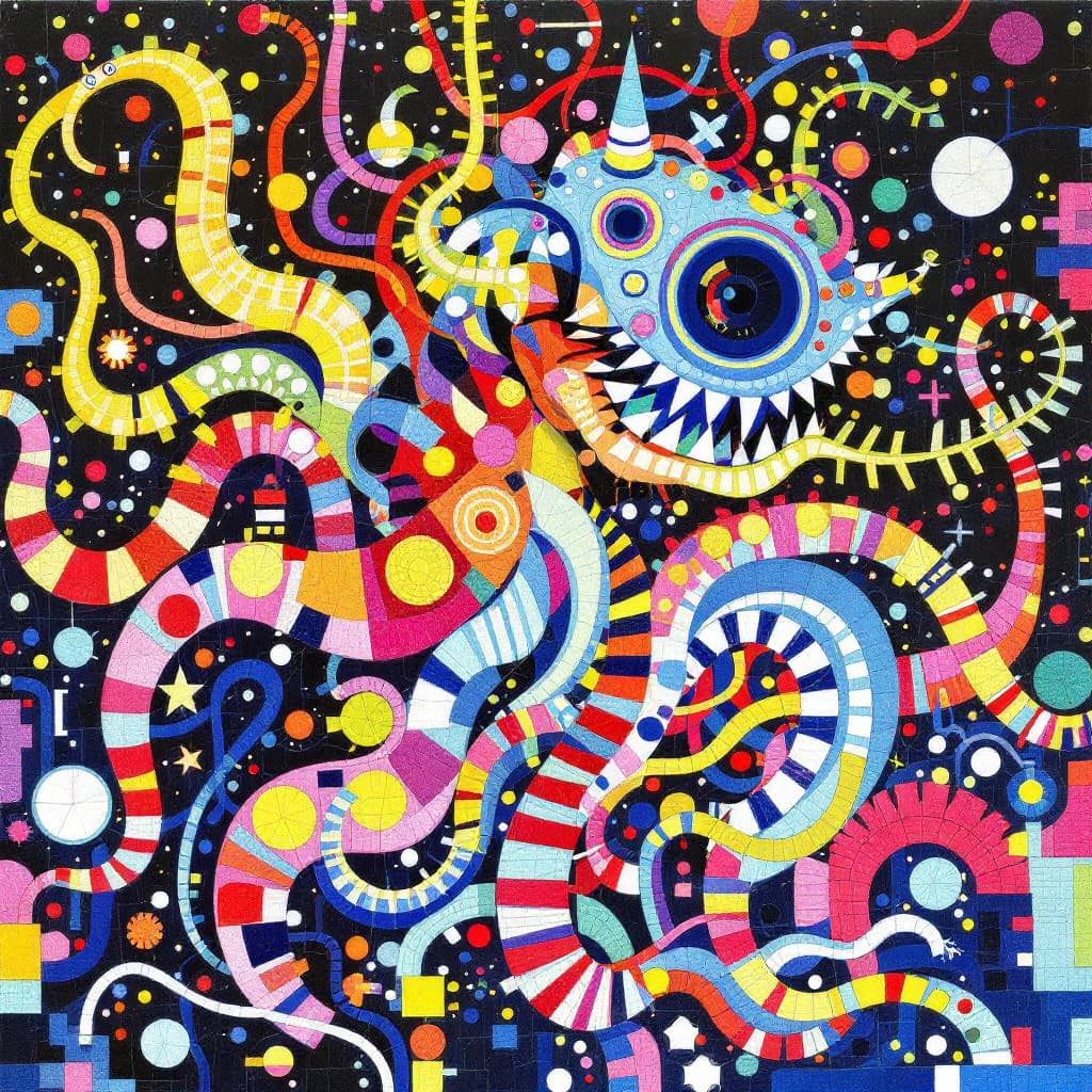 AI generated: mosaic of a monster in neon colors, Frank Lloyd, Eames, Mies van der Rohe